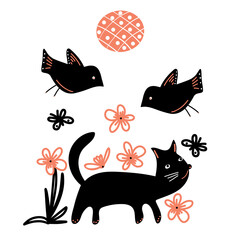 Vector illustration  black cats, birds,  butterfly and flowers. Cute hand drawn elements isolated on white background.