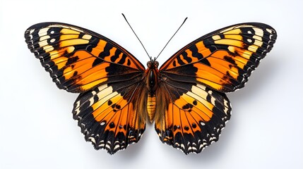 Fototapeta premium Beautiful orange and black butterfly with delicate wings, isolated on a white background