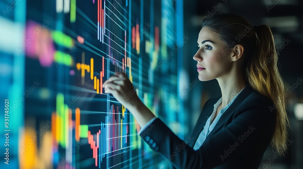 Poster a businesswoman interacts with a large screen displaying colorful graphs and data.