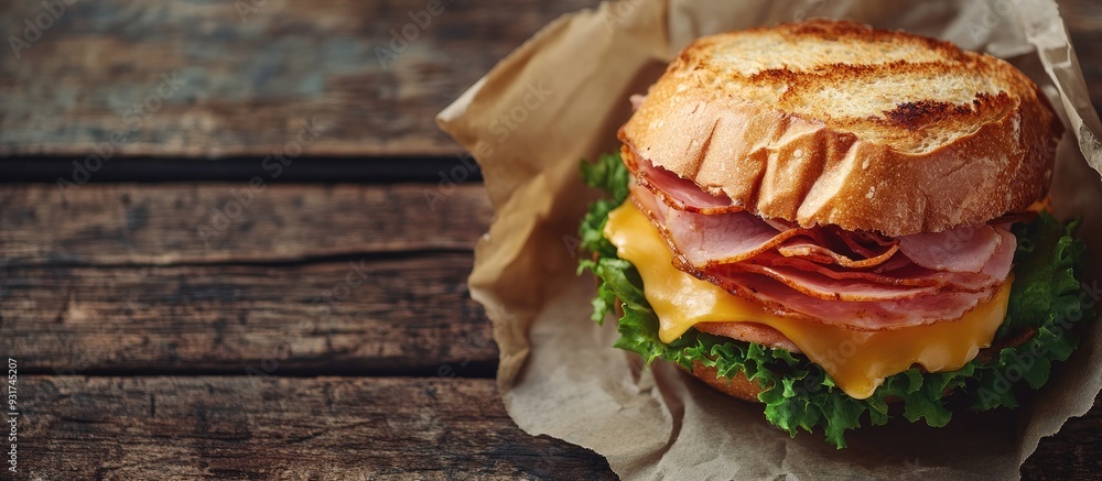 Fototapete delicious and fresh ham and cheese sandwich on paper resting on a wooden surface. with copy space im