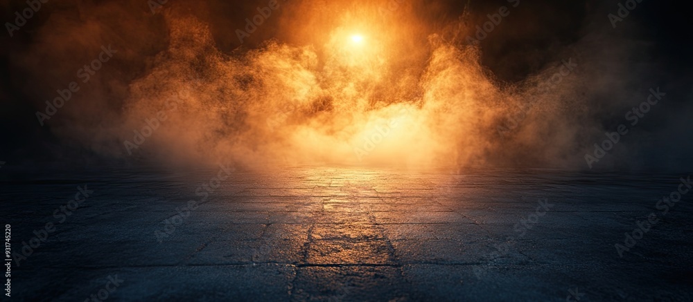 Poster dramatic background of a nighttime street spotlight on the pavement smoke. with copy space image. pl