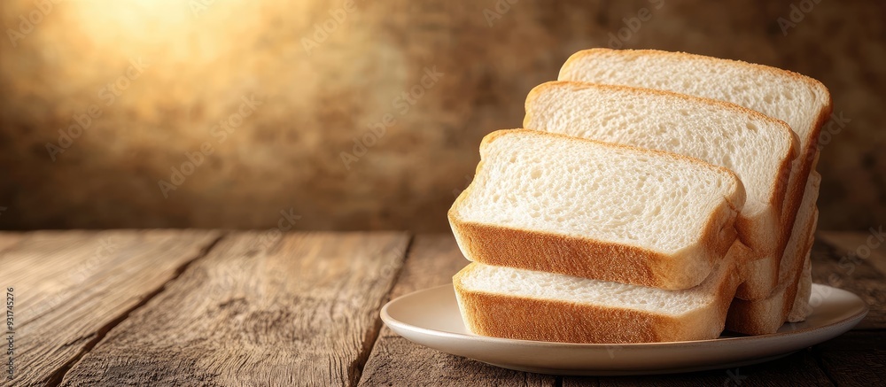 Poster a plate holding a stack of white bread slices on a wooden table space for text. with copy space imag