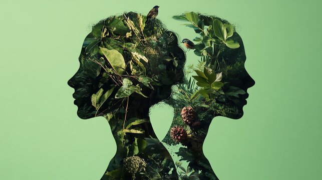 Two silhouettes of a woman's head facing each other with nature and birds overlaid on the outline.