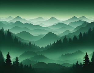 Fototapeta premium Green Misty forest multiple mountains background