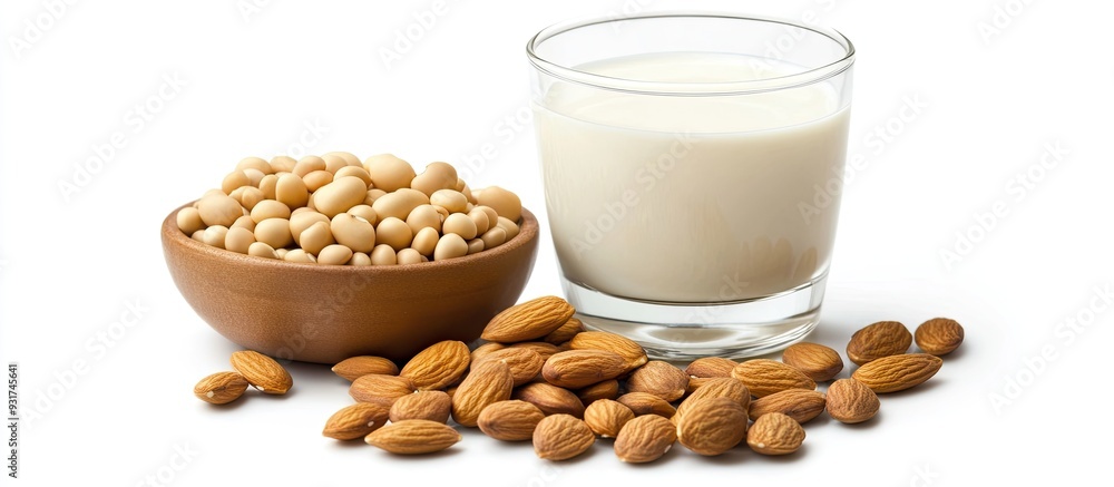 Poster good sources of protein include milk almonds and boiled beans on a white background. with copy space