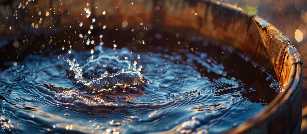 Aufkleber blue and brown water spouting from a barrel. with copy space image. place for adding text or design