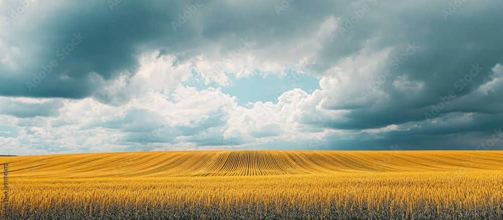 Fototapete Scenic rapeseed fields beneath a cloudy sky Aerial view of rapeseed crops in a farm field. with copy space image. Place for adding text or design