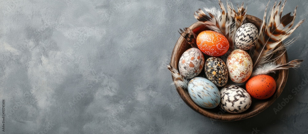 Poster Easter eggs and feathers arranged in a wooden bowl on a gray background Concept of a joyful Easter holiday. with copy space image. Place for adding text or design