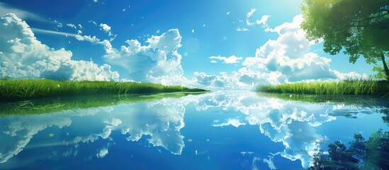 Vibrant summer holiday park backdrop featuring green grass beneath a blue sky and crisp clouds mirrored on the water with copy space available