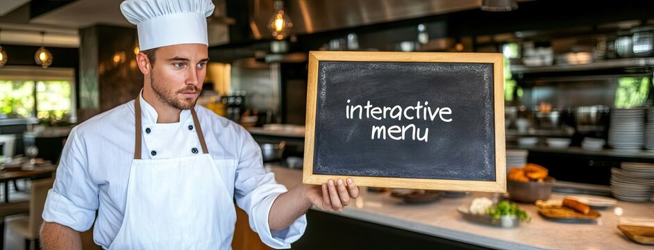 A chef unveils an interactive menu concept with a chalkboard in a modern kitchen setting