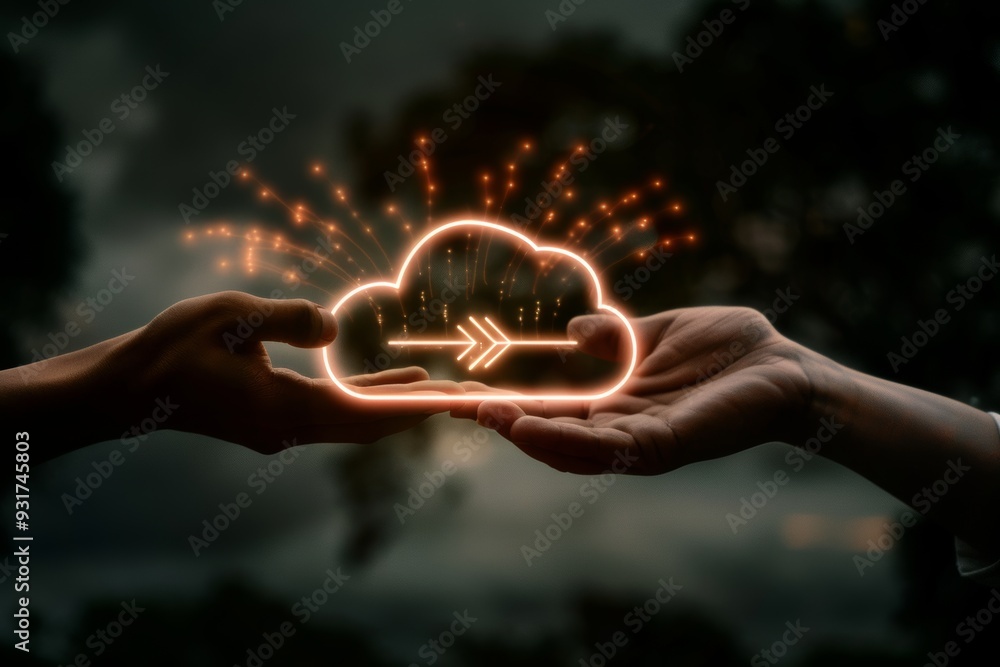 Poster data transferring with glowing cloud secure cloud computing and data management concept
