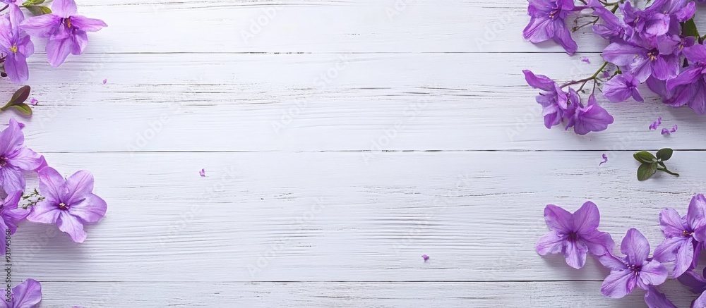 Aufkleber purple flowers on a white wooden surface. with copy space image. place for adding text or design