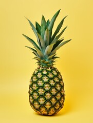 Fototapeta premium Fresh pineapple on vibrant yellow background. Tropical fruit minimalist composition. Summer concept for design, advertisement