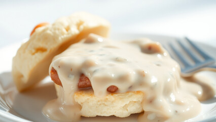 Close up of a Sausage Gravy Biscuit