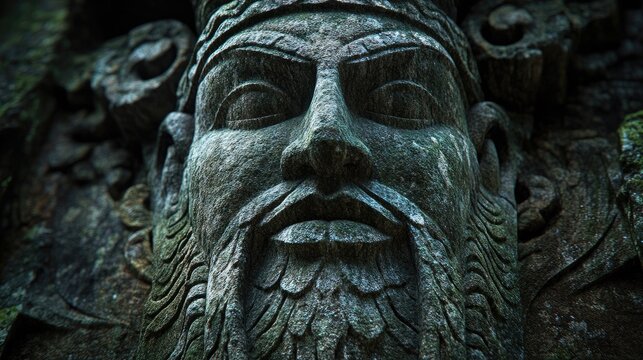 A stoneman sculpture at the entrance of an ancient temple, guarding the sacred space with a stern expression.