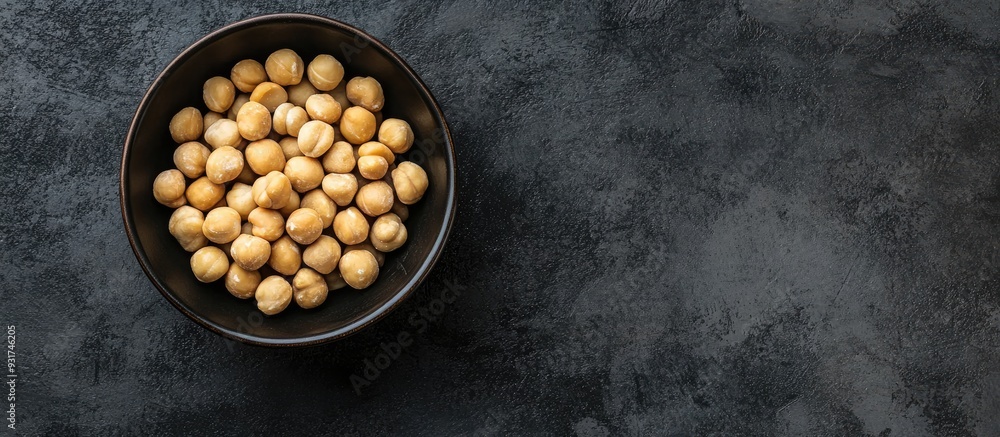Poster bowl with macadamia nuts on dark concrete top view. with copy space image. place for adding text or 