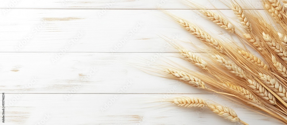 Aufkleber wheat ears and grains on a white wooden surface. with copy space image. place for adding text or des
