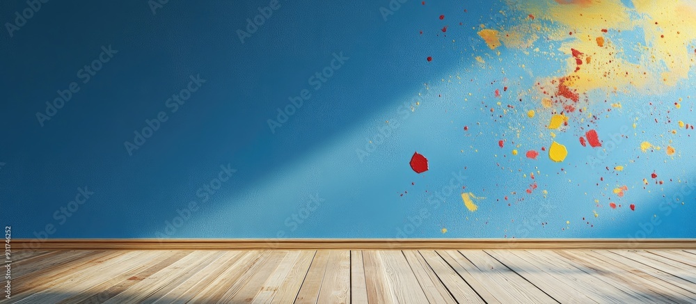 Poster vivid paint splatters on a blue wall beside a hardwood floor. with copy space image. place for addin