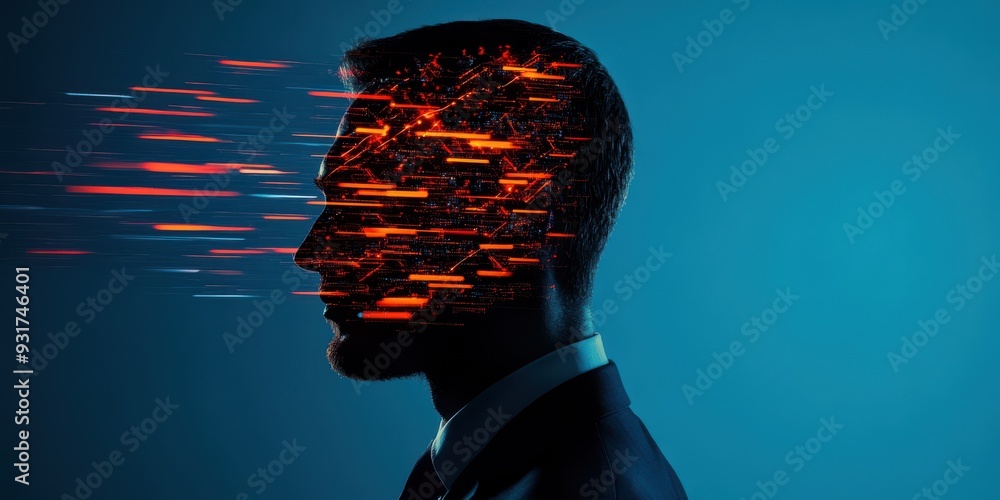 Poster a conceptual image depicting a man's face merging with digital elements, symbolizing transformation 