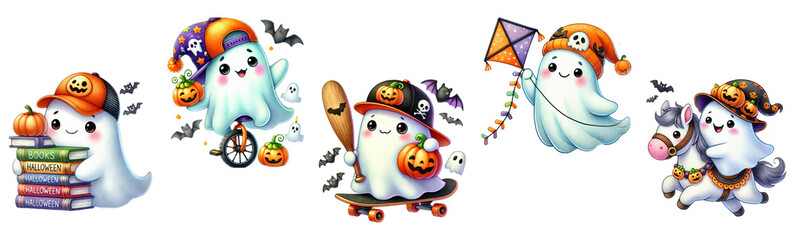 Playful Ghost Characters Set - Halloween Fun and Activities Illustrations