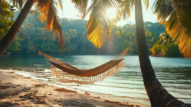 Hammock on beach tied to two palm trees. Calm peaceful quiet place to relax at exotic island. Tropical resort by the sea. Paradise on earth among the jungle. No people. Summer vacation. Holiday rest.