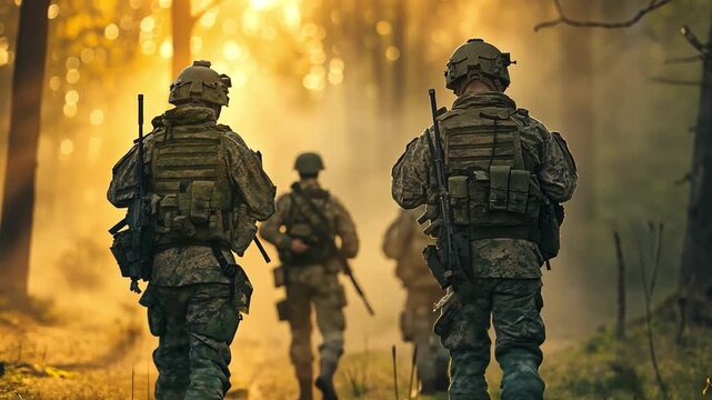 Troops from the military army's tactical squad and commando unit are going carefully through a woodland.