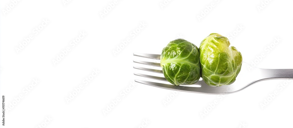 Leinwandbilder Fresh brussels sprout on a fork placed against a white background. with copy space image. Place for adding text or design