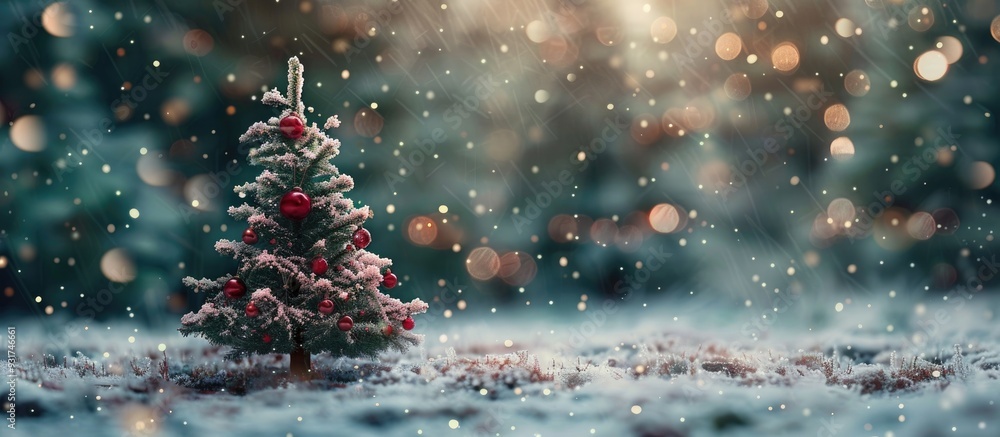 Poster Merry Christmas postcard backdrop Small Christmas tree in a snowy winter forest. with copy space image. Place for adding text or design