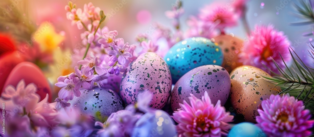 Poster easter decor flower arrangement featuring colorful eggs. with copy space image. place for adding tex
