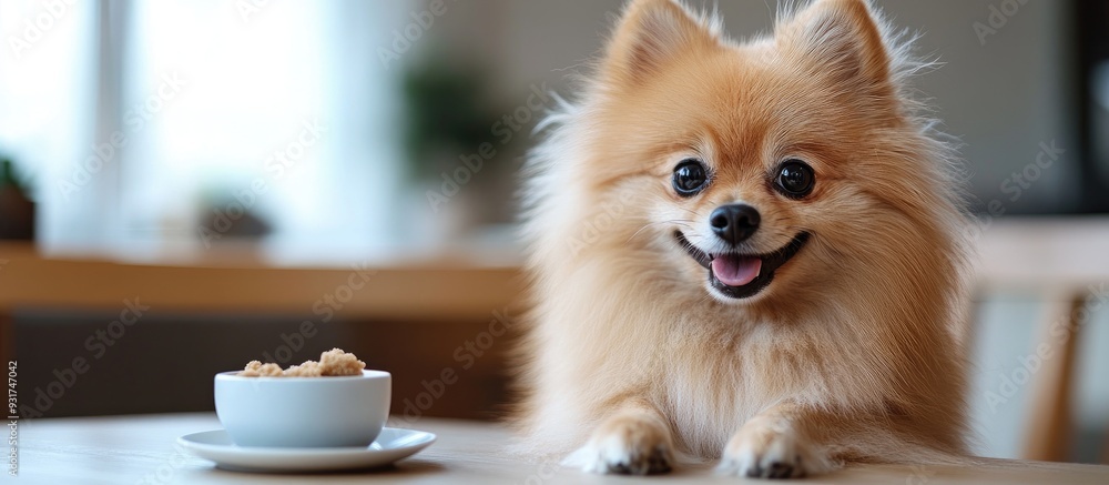 Aufkleber A beautiful Pomeranian dog is sitting at a table playing and eating in a well lit room. with copy space image. Place for adding text or design