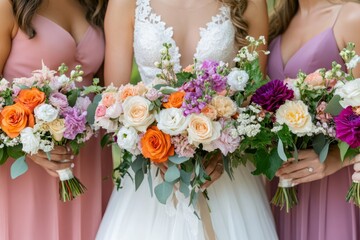 Bride and bridesmaids holding bouquets of flowers, wedding ceremony, wedding photo

