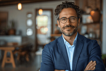 Fototapeta premium Confident Middle Aged Man With Glasses And Beard In Blue Blazer Standing With Arms Crossed In Cozy Indoor Setting