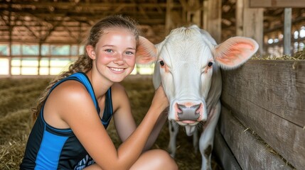 Young woman in athletic wear lovingly pets her cow in a modern barn on a sunny day