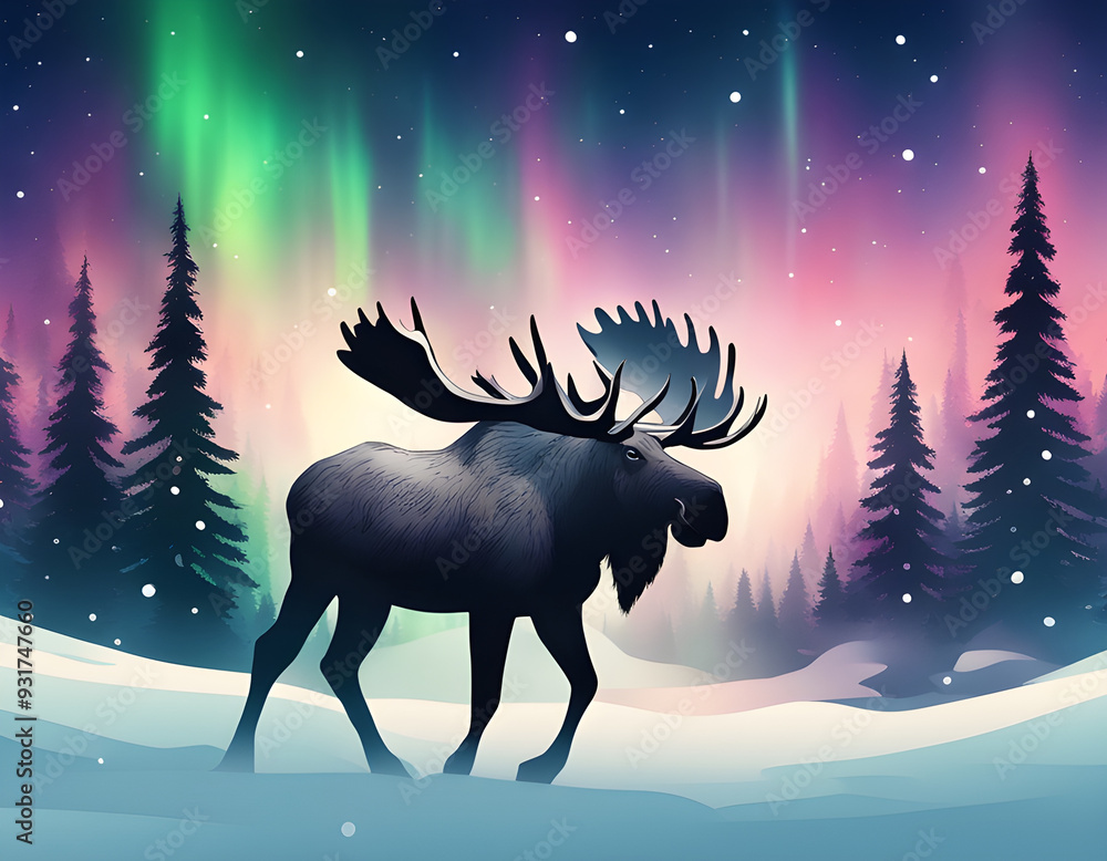 Wall mural Snow forest aurora moose background