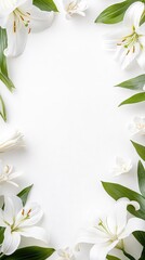 Elegant white lilies with lush green leaves on a minimalist background, perfect for serene designs or inspiring messages