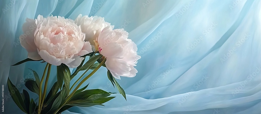 Aufkleber lovely peony bouquet against a blue folding screen backdrop. with copy space image. place for adding
