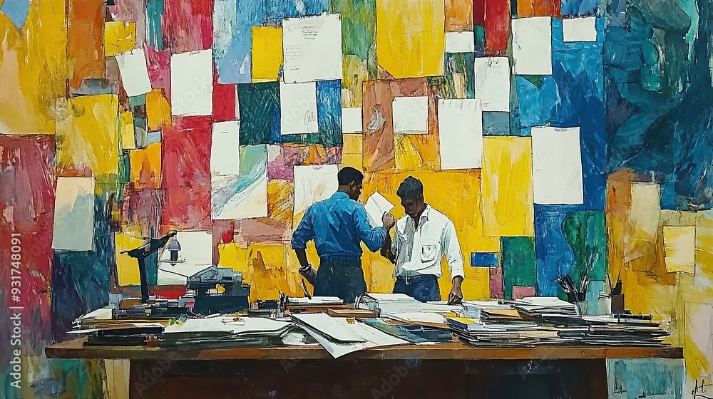 Poster surrealist workspace with abstract fauvist patterns