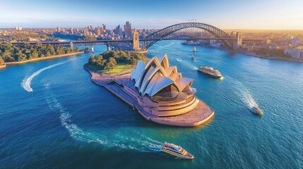 Aerial shot of the Sydney Opera House surrounded by the sparkling blue waters of the harbour, with the Sydney Harbour Bridge in the background.