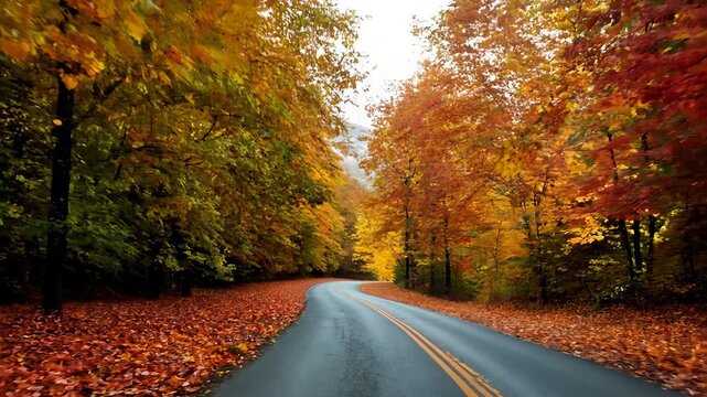 Enjoy a peaceful drive through a vibrant autumn landscape with colorful trees lining the road