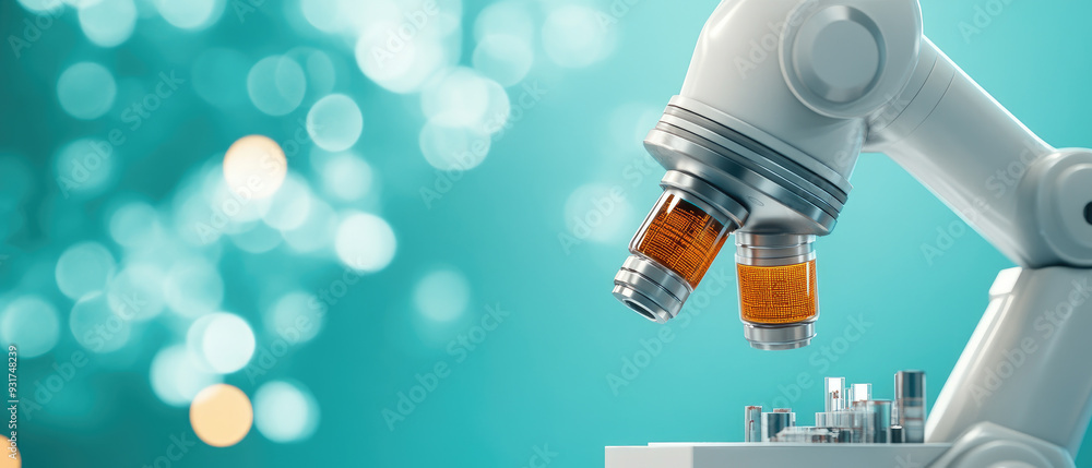 Poster advanced microscope with intricate optics, showcasing a blend of technology and scientific explorati