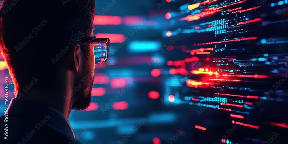 Poster a focused individual analyzes dynamic data streams in a futuristic digital environment, highlighting