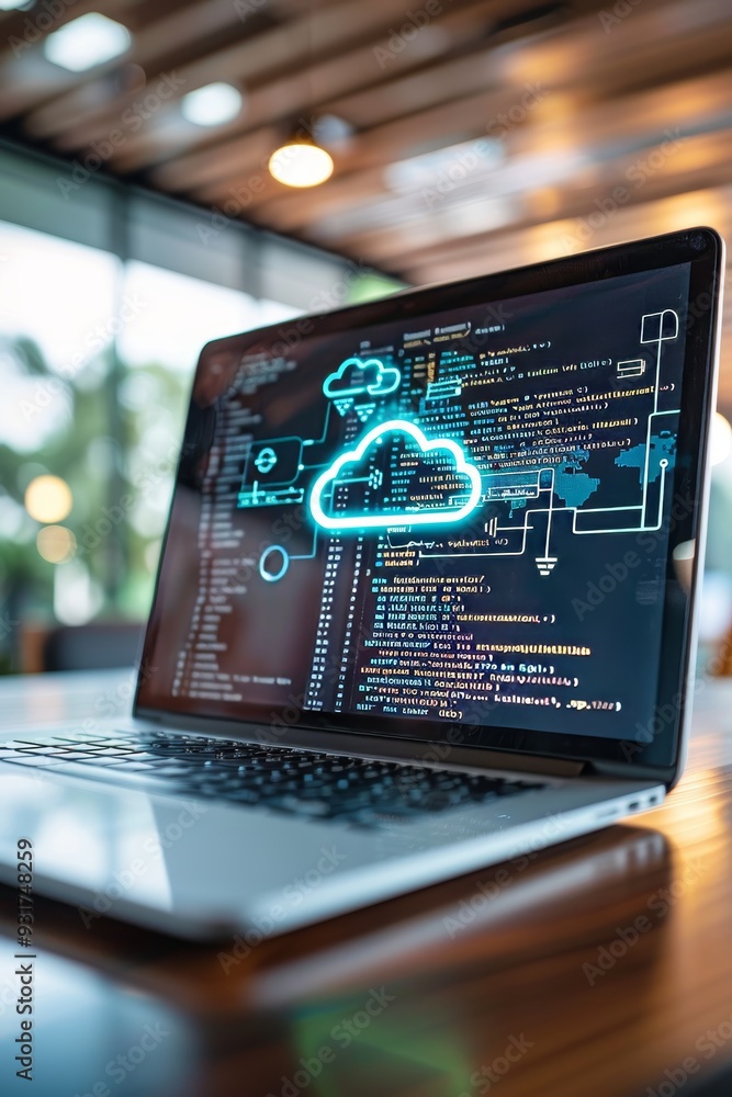 Poster laptop displaying cloud computing code in modern workspace, highlighting digital transformation