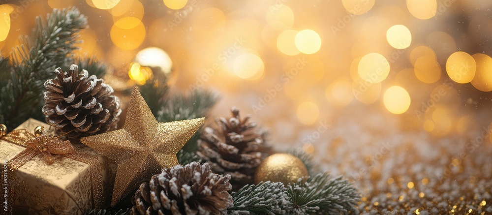 Aufkleber christmas decor featuring pine cones and ornamental gifts with a golden star bokeh backdrop. with co