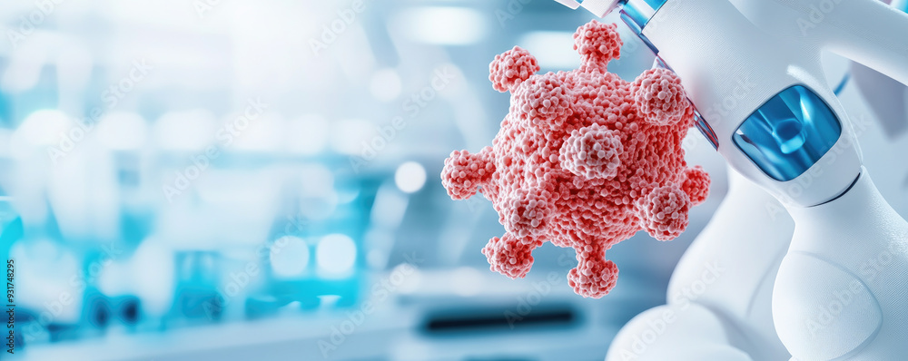 Poster microscopic view of a virus being analyzed, showcasing advanced technology in a laboratory setting, 