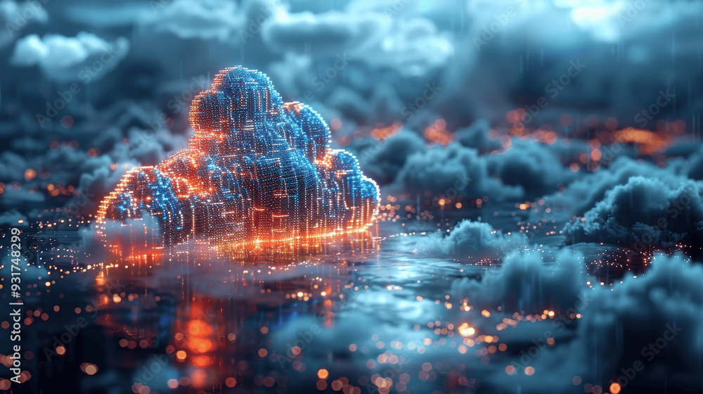 Aufkleber digital cloud with glowing data points in cloudy rainy environment