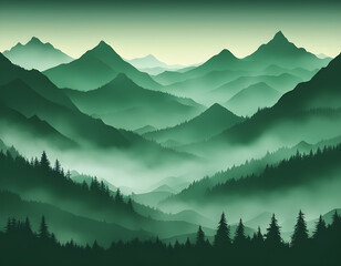 Fototapeta premium Green Misty forest multiple mountains background