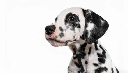 笑顔のダルメシアンの子犬のポートレート（Portrait of a smiling Dalmatian puppy on white background）
