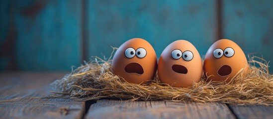 A few brown eggs with humorous faces sit atop a pile of straw set against a blue rustic wooden backdrop with blank space above. with copy space image. Place for adding text or design