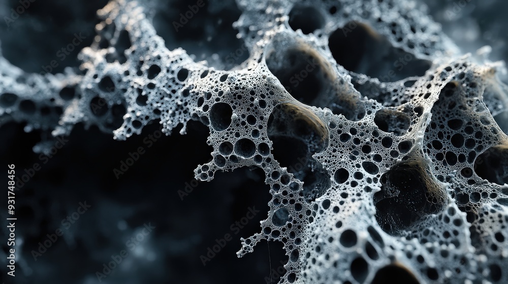 Poster biofilm forms complex structures on surfaces during laboratory research, showcasing unique textures 