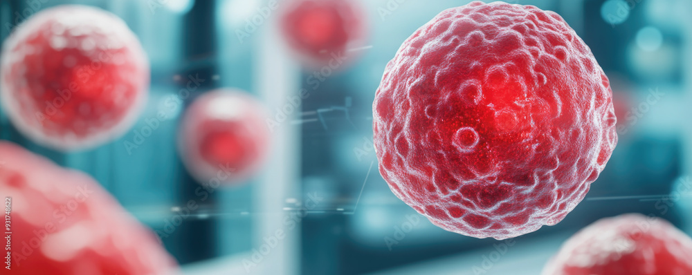 Poster microscopic view of vibrant red cells, showcasing intricate textures and shapes, illustrating biolog